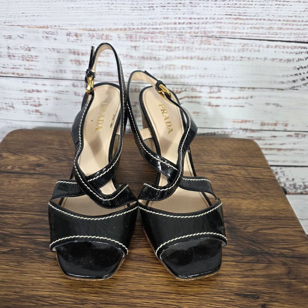 Y2K Prada Patent Leather Wedge Heels Women's Slingback size 7.5 READ